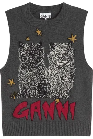 Ganni Strik, Dame, Flerfarvet, M, Graphic Cats Vest