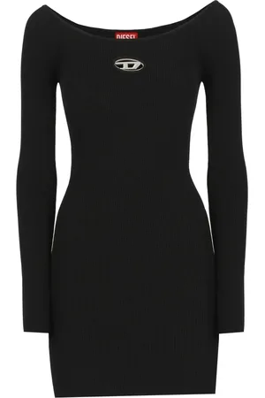 Diesel Kjole, Dame, Sort, L, Uld, Ribstrikket kjole med metallogo