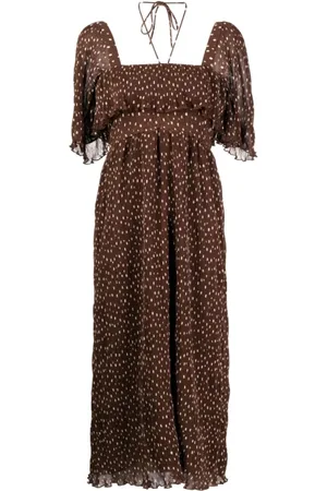 Ganni Kjole, Dame, Brun, L, Polyester, Pleated Georgette Midi Kjole