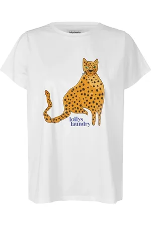 Lollys Laundry Top, Dame, Hvid, XL, Bomuld, Farverig Leopard Kat Grafik T-shirt