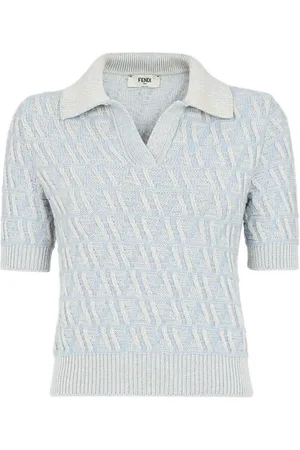 Fendi Strik, Dame, Blå, S, Uld, Blå Jacquard Sweater med Ribkant