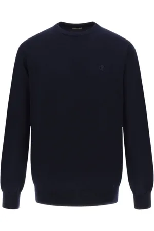 Roberto Cavalli Strik, Herre, Blå, 2XL, Uld, Mørkeblå Crewneck Sweater Made in Italy