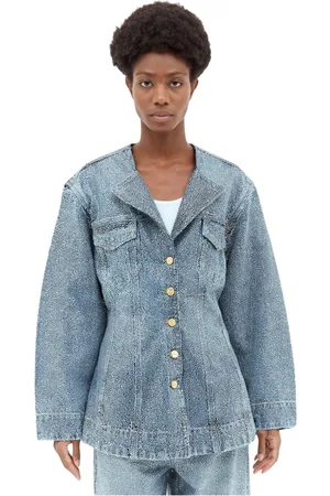 Ganni Jakke, Dame, Blå, L, Denim, Crystal Embellished Denim Blazer