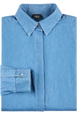 FAY Bluser & Skjorter, Dame, Blå, XS, Denim, Denim Skjorte med Italiensk Krave