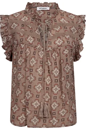 Co`Couture Bluser & Skjorter, Dame, Brun, XS, Uld, Brun Top med Bindebånd og Flæser