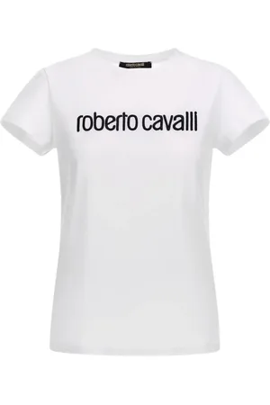 Roberto Cavalli Top, Dame, Hvid, XS, Bomuld, Hvid Logo T-shirt Lavet i Italien