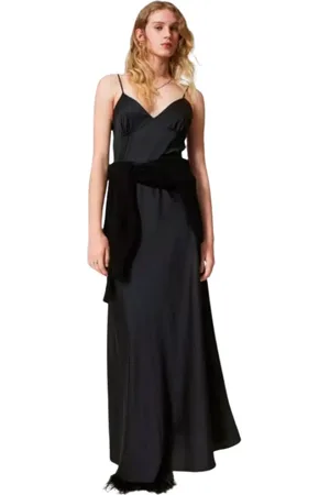Twin-Set Kjole, Dame, Sort, S, Satin, Sort Satin Maxi Slipkjole med Tynde Stropper