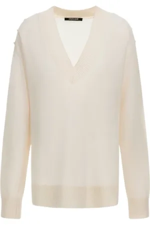 Roberto Cavalli Strik, Dame, Hvid, XS, Uld, Hvid V-Neck Sweater Lavet i Italien