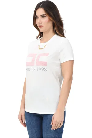 Elisabetta Franchi Top, Dame, Hvid, L, Bomuld, Graphic Logo Hvid T-shirt med korte ærmer