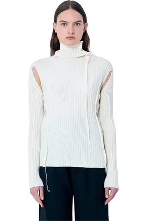 Maison Margiela Strik, Dame, Hvid, XS, Uld, Distressed Rib Sweater med Cut-Out Paneler