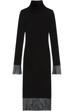 Sportmax Kjole, Dame, Sort, S, Uld, Chic Strikkjole med Mesh-ærmer