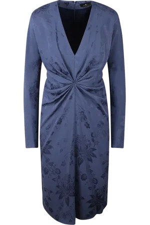 Etro Kjole, Dame, Blå, L, Uld, Blomstret Jacquard Midi Kjole med Draperet Detalje