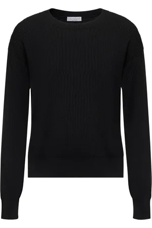 Brunello Cucinelli Strik, Dame, Sort, M, Bomuld, Crewneck Ribstrikket Jumper