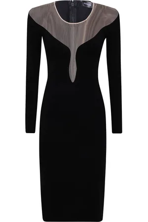 MUGLER Kjole, Dame, Sort, XS, Elegant Midi Kjole med Dyb Udskæring