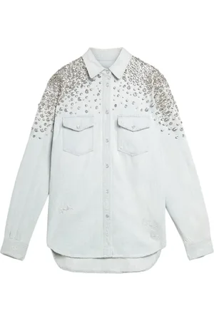 Golden Goose Bluser & Skjorter, Dame, Blå, XS, Uld, Krystal Cabochon Stjerne Skjorte