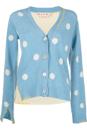 Marni Strik, Dame, Blå, XS, Uld, Intarsia Mønstret V-Hals Cardigan