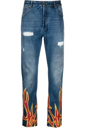 Palm Angels Jeans, Herre, Blå, W33, Bomuld, Jeans med brændende flamme-print og lige ben