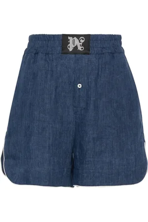Palm Angels Shorts, Dame, Blå, XS, Bomuld, Blå Shorts med Logo Patch og Elastik