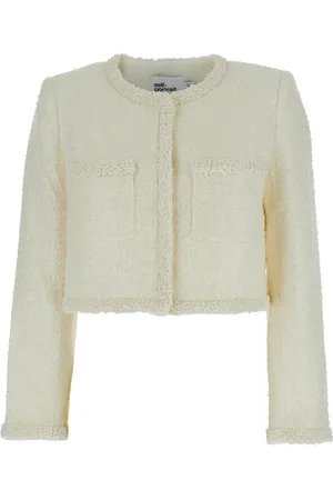 Self-Portrait Strik, Dame, Hvid, XS, Hvid Sequin Crewneck Jakke med Faux-Perler