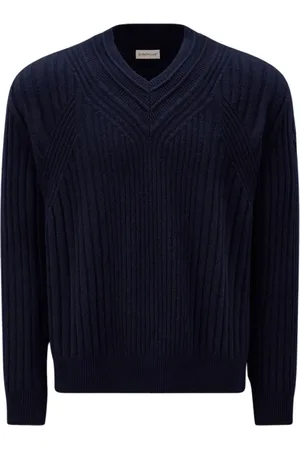 Moncler Strik, Herre, Blå, XL, Uld, Marineblå Uld V-Hals Sweater