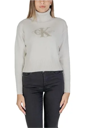 Calvin Klein Strik, Dame, , L, Bomuld, Monogram Cream Cotton Turtleneck Sweater