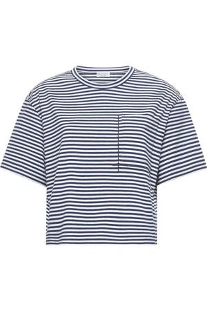 Brunello Cucinelli Top, Dame, Hvid, L, Bomuld, Stribet T-shirt med Rund Hals og Lommedetalje