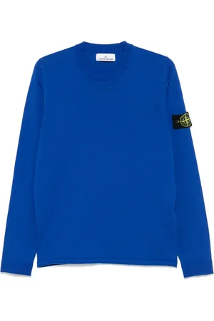 Stone Island Strik, Herre, Blå, M, Bomuld, Blå Ribstrikket Sweater med Badge