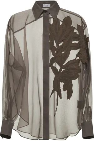 Brunello Cucinelli Bluser & Skjorter, Dame, Brun, M, Uld, Silkebrun skjorte med herbarium broderi