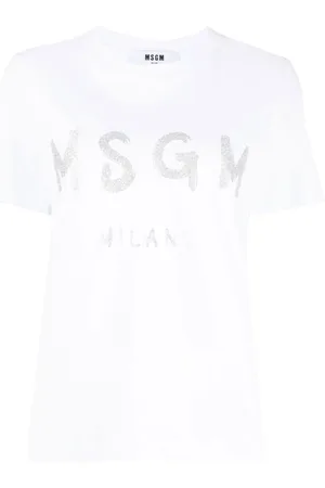 Msgm Top, Dame, Hvid, L, Bomuld, Jersey T-shirt med glitter penselstrøg logo