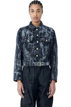 Ganni Jakke, Dame, Blå, 2XS, Denim, Printet Denim Bæltet Jakke