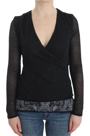 ERMANNO SCERVINO Strik, Dame, Sort, M, Uld, Deep V-neck Sort Uldblanding Sweater
