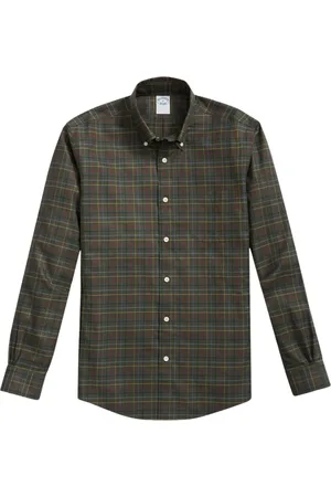 Brooks Brothers Skjorte, Herre, Grøn, S, Bomuld, Grøn Non-Iron Stretch Supima Bomulds Tattersall Skjorte med Button Down-krave