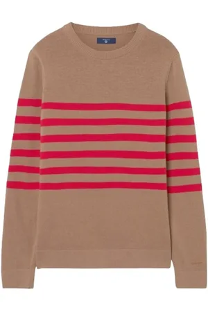 GANT Strik, Dame, Brun, S, Uld, Stribet sweater med ribstrikket krave