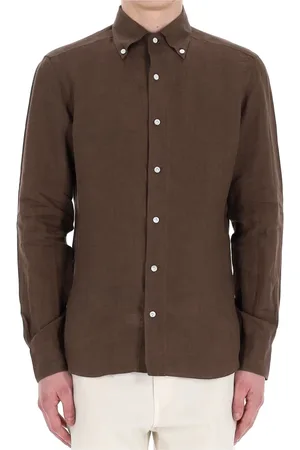 BARBA Skjorte, Herre, Brun, 3XL, Linned, Brun Linnedskjorte med Perlemorsknapper