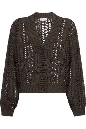 Brunello Cucinelli Strik, Dame, Brun, S, Bomuld, V-hals sweater med ribdetaljer