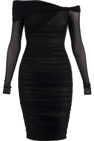 MUGLER Kjole, Dame, Sort, XS, Uld, Elegant Off-Shoulder Figursyet Kjole