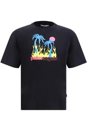 Palm Angels Top, Herre, Sort, XL, Bomuld, Flames Graphic Tee Cotton Burning Oasis