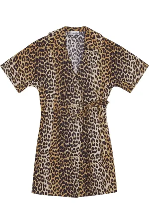 Ganni Kjole, Dame, Brun, S, Bomuld, Leopard Print Wrap Dress