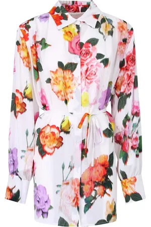 Msgm Bluser & Skjorter, Dame, Hvid, 2XS, Langærmet skjorte med blomsterprint og bindebånd i afslappet pasform