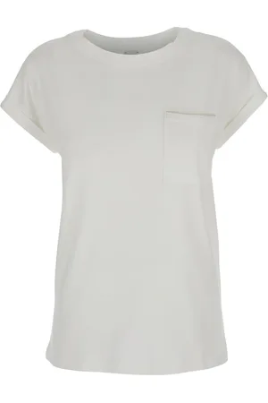 ELEVENTY Top, Dame, Hvid, M, Bomuld, Hvid T-shirt med rund hals og brystlomme