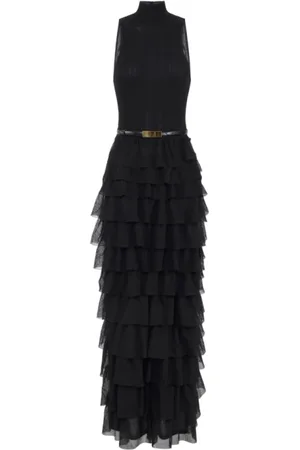 Elisabetta Franchi Kjole, Dame, Sort, M, Uld, Sort Ribbet Aftenkjole med Ruffles