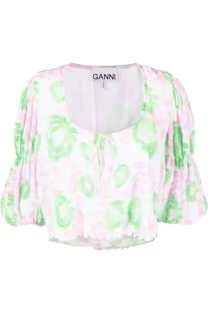 Ganni Bluser & Skjorter, Dame, Flerfarvet, M, Uld, Plisseret Georgette U-hals Bluse
