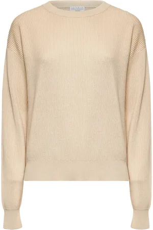 Brunello Cucinelli Strik, Dame, Gul, M, Bomuld, Beige Ribstrikket Sweater