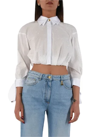 Elisabetta Franchi Bluser & Skjorter, Dame, Hvid, 2XL, Bomuld, Krystalbesat poplin skjorte med sløjfe