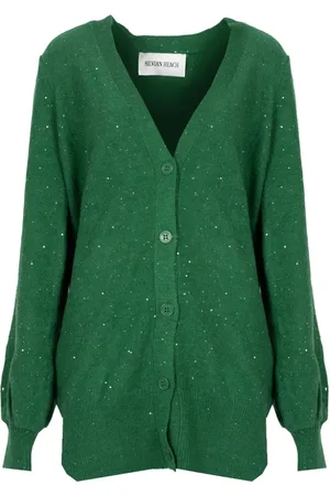 Silvian Heach Strik, Dame, Grøn, S, Uld, Trendy V-hals Cardigan med Pailletter og Metallisk Tråd