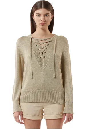 Silvian Heach Strik, Dame, Gul, XL, Lurexstrikket V-hals sweater