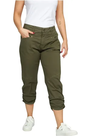 2-Biz Bukser, Dame, Grøn, XL, Bomuld, Cropped Khaki Bukser med Rynket Kant