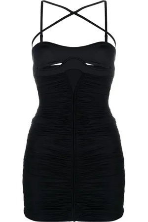 MUGLER Kjole, Dame, Sort, S, Uld, Rynket, lårkort, figursyet kjole