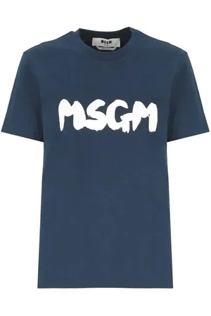Msgm Top, Dame, Blå, L, Bomuld, Brushed Logo Cotton Kortærmet T-Shirt