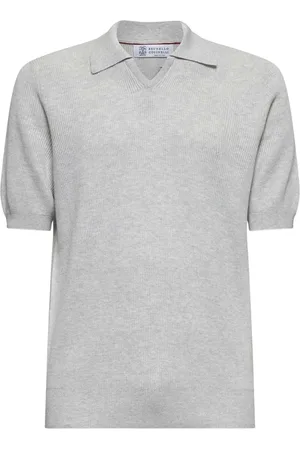 Brunello Cucinelli Strik, Herre, Grå, 2XL, Bomuld, V-Neck Polo Sweater